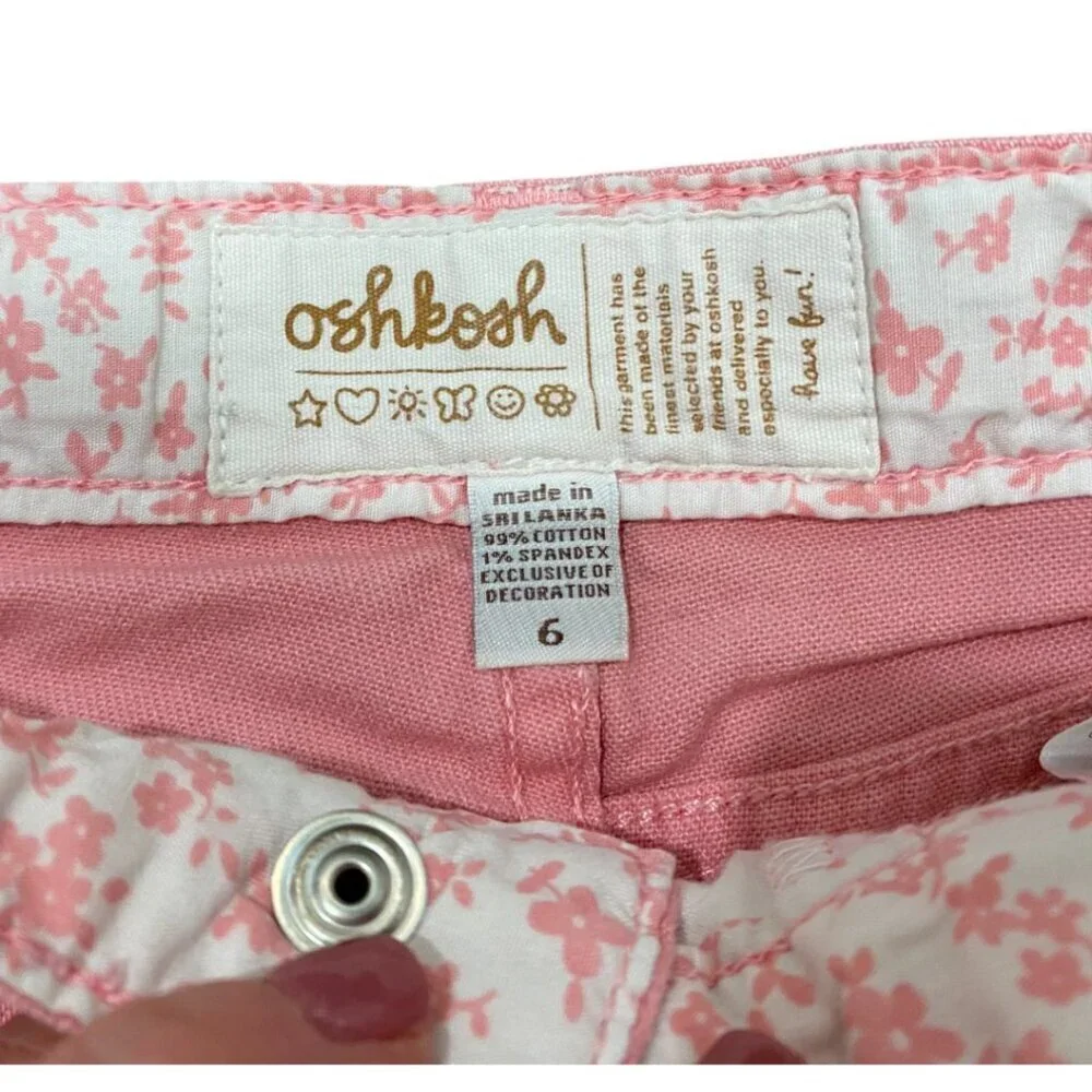OshKosh B'gosh Pink Cuffed Shorts with Floral Embroidery Girls Size 6